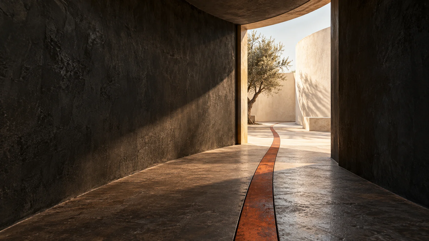 A rust-colored path continues through an open doorway into daylight